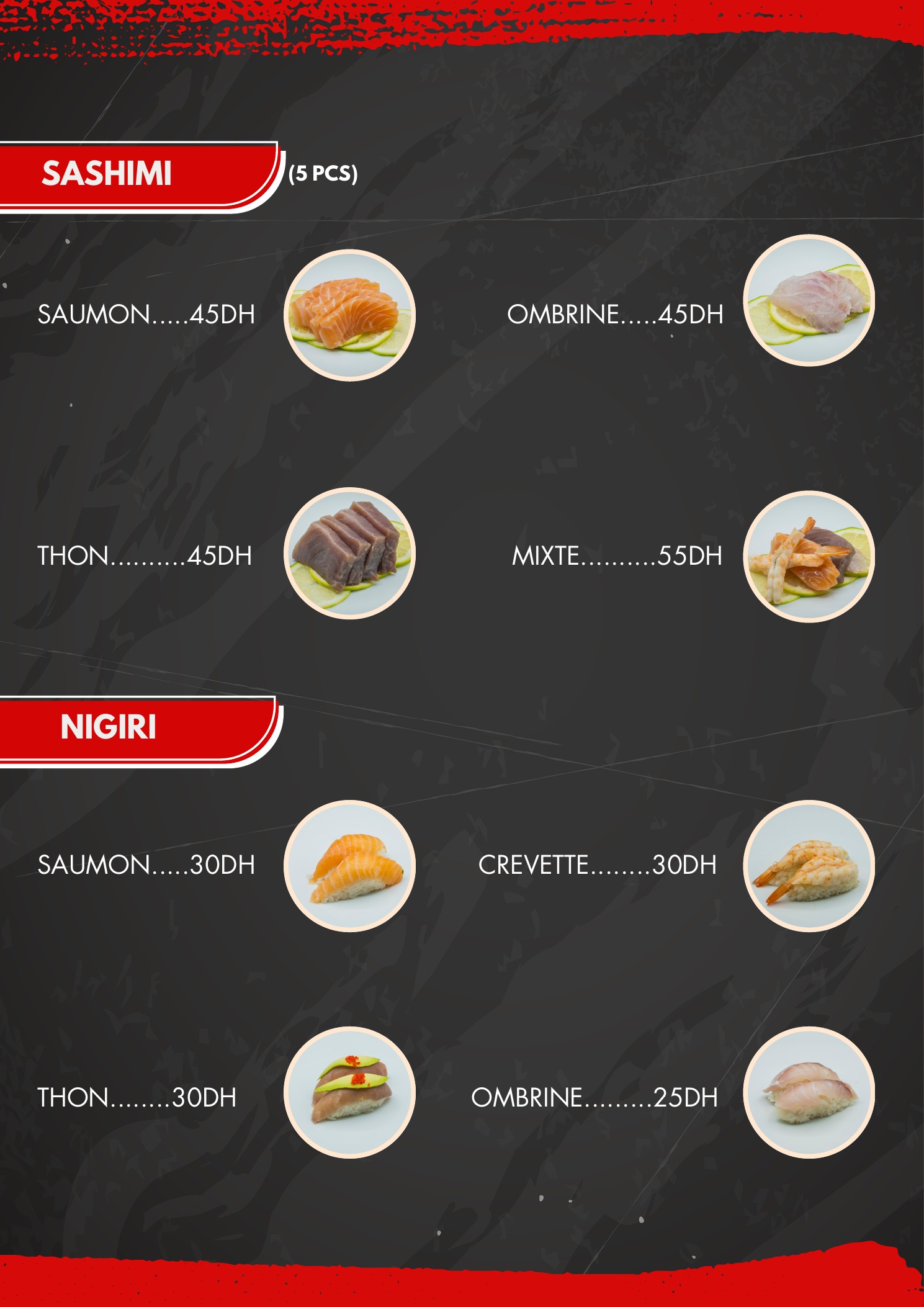 Menu officiel JAD Sushi — Sashimi et Nigiri