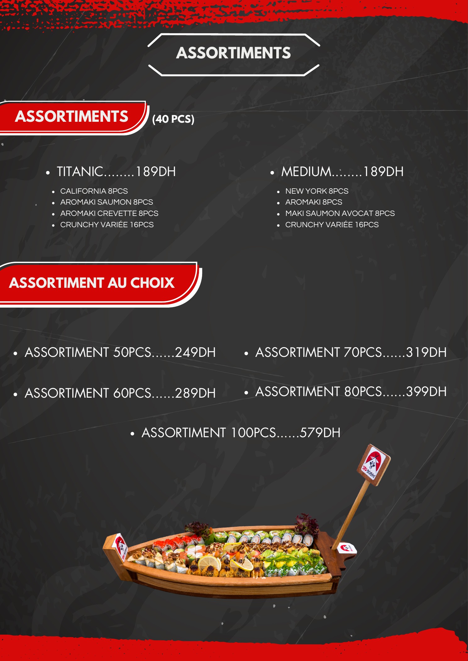 Menu officiel JAD Sushi — Assortiments 40 pièces et au choix