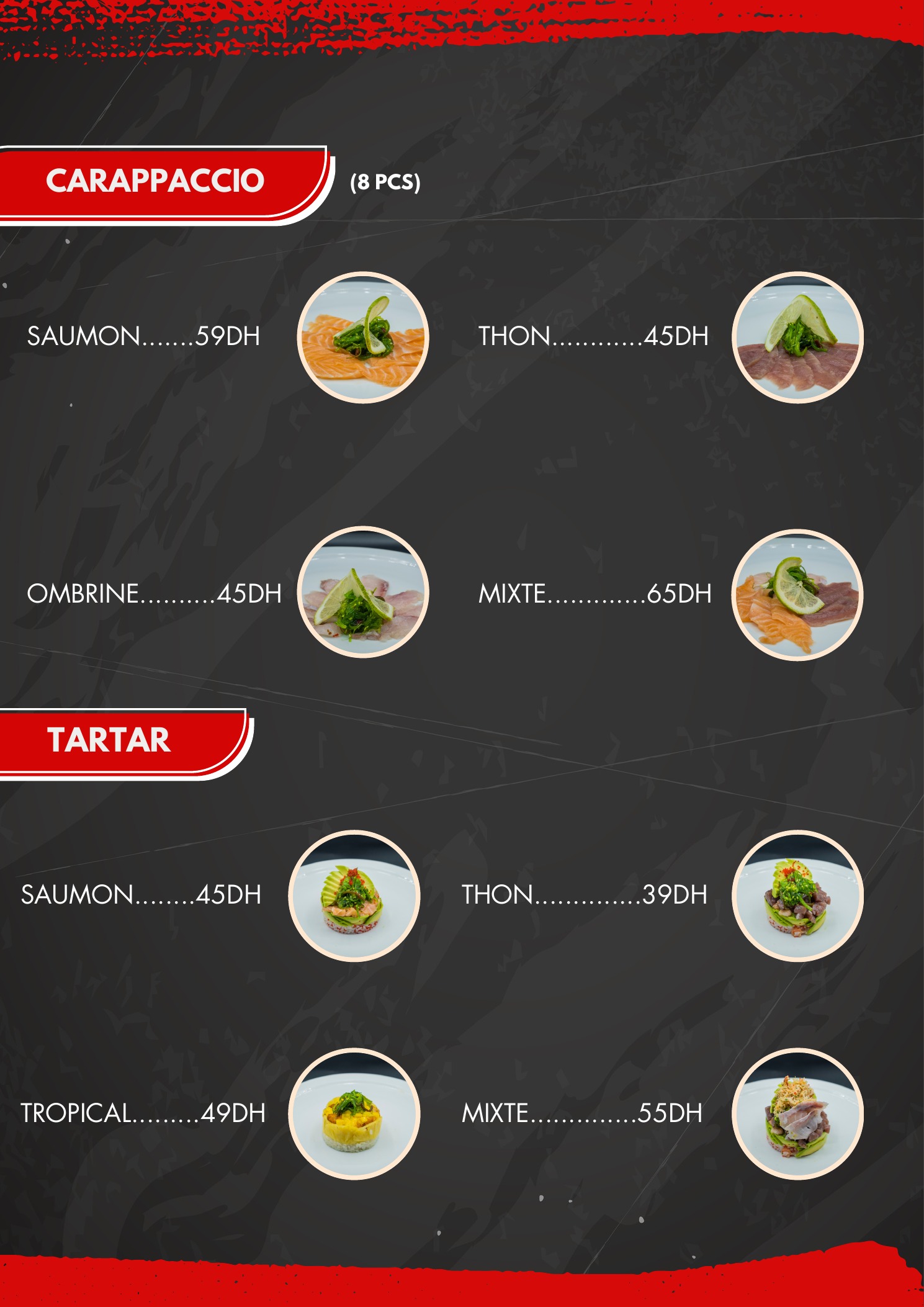 Menu officiel JAD Sushi — Carpaccio et Tartar